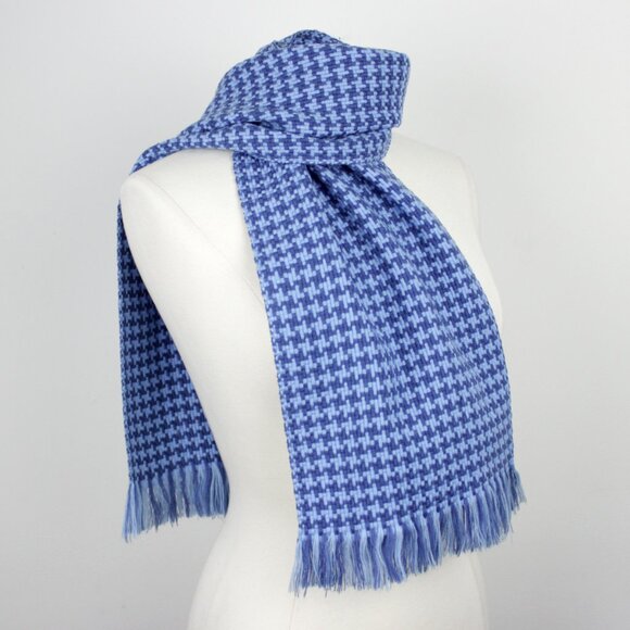 Vintage Blue Houndstooth Scarf with Fringe - Picture 2 of 5